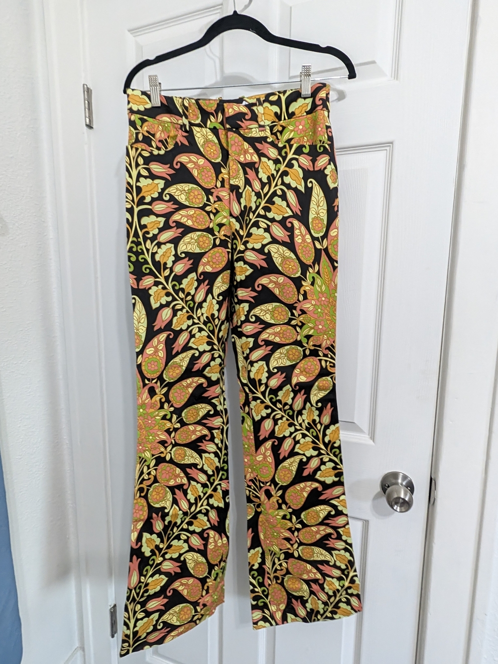 Zara Black Boot-Cut Pants with Yellow & Pink Floral Pattern